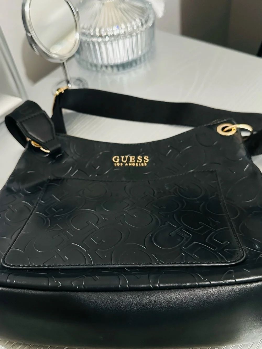 Guess Black Embossed Logo Shoulder Bag with Gold Hardware